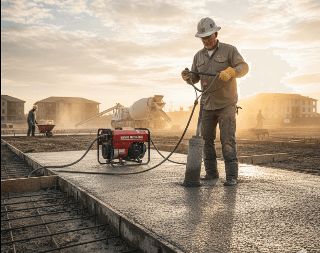 Concrete vibrator head consolidating freshly poured concrete