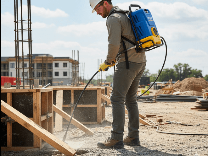 Backpack concrete vibrator motor in use during slab placement