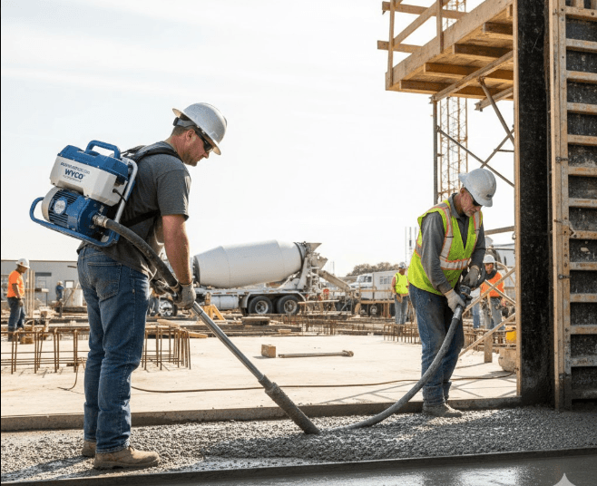 Wyco concrete vibrator motor in action on a construction site